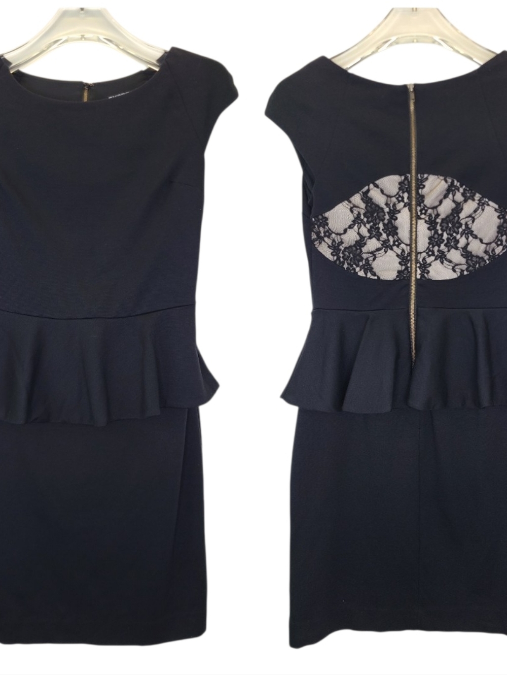 Express Black Peplum Dress Lace Back Detail Exposed Zipper Rayon Blend 0